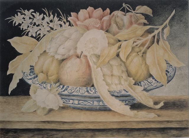 Anonimo — Monfort Octavianus - sec. XVII - Natura morta con piatto di frutta, fiori e carciofi — insieme